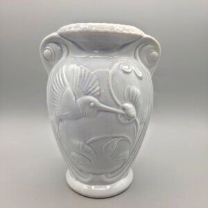 Vintage Ceramic Vase Hummingbird Floral Relief Design Grayish Blue 8 Inch